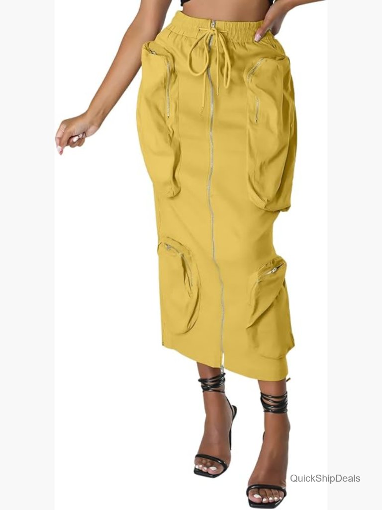 Vintage 90s Drawstring Stretchy Zipper Multi-Pockets Pencil Long Cargo Skirt